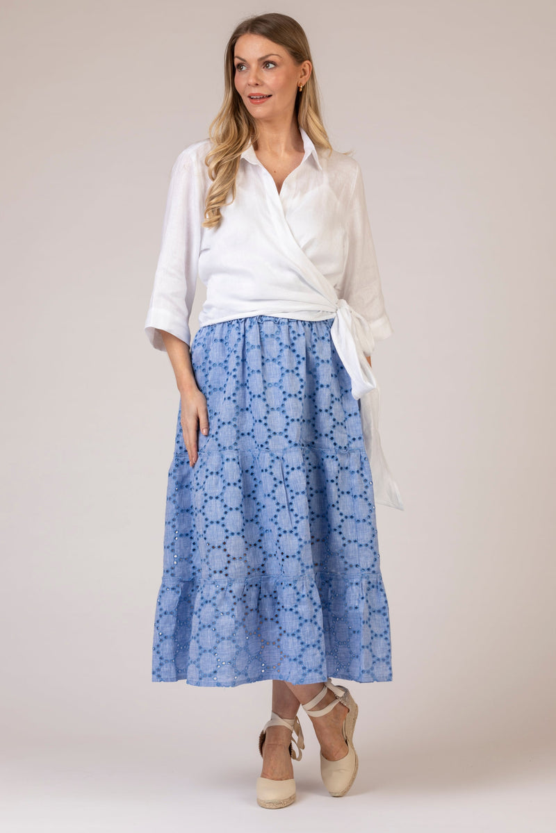 The Blue Broderie Anglaise Linen Skirt | Sartoria Saracena
