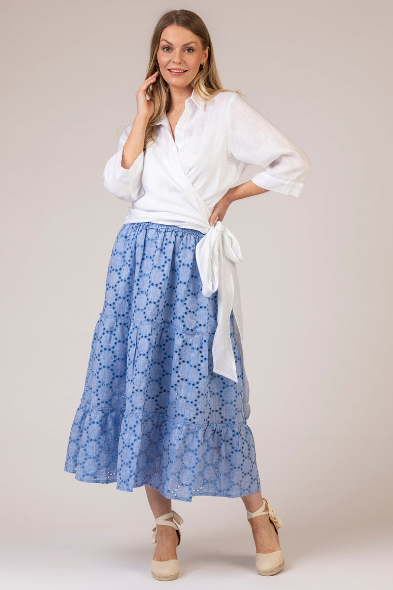 The Blue Broderie Anglaise Linen Skirt | Sartoria Saracena