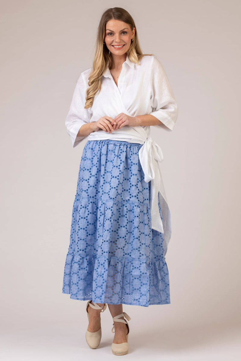 The Blue Broderie Anglaise Linen Skirt | Sartoria Saracena