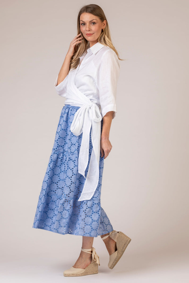 The Blue Broderie Anglaise Linen Skirt | Sartoria Saracena