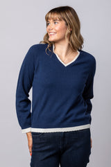 Navy Cashmere V-Neck Jumper with Cream Trim JF6W08C | Esthēme Cachemire