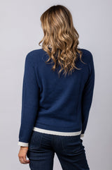 Navy Cashmere V-Neck Jumper with Cream Trim JF6W08C | Esthēme Cachemire