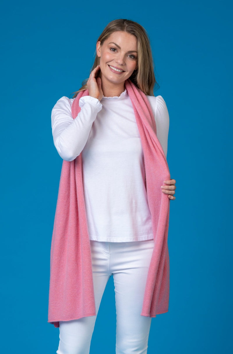 Scottish-Made Pink Cashmere Scarf | Sarah Thomson Knitwear | Worn on model