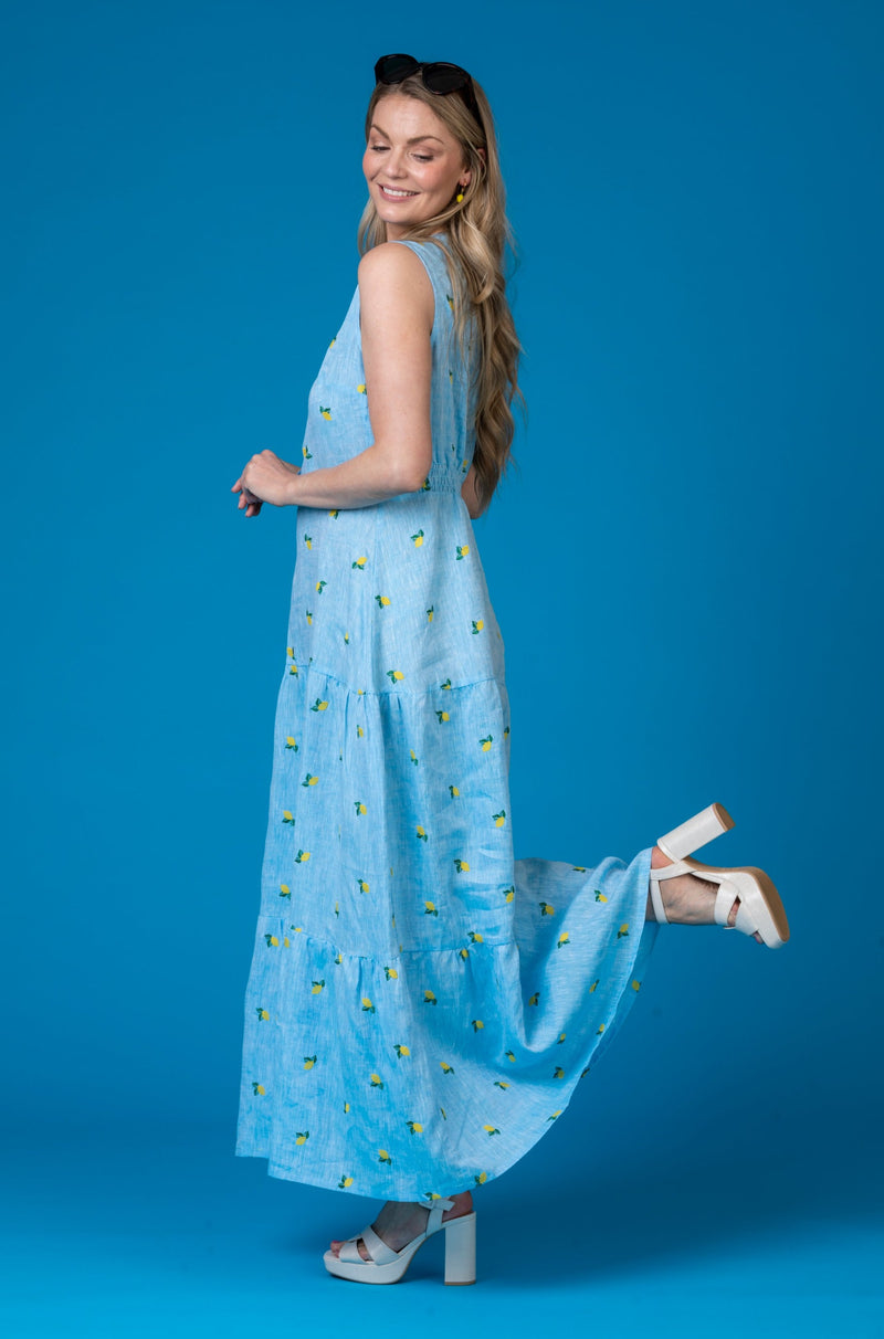 The Lemon Maxi Linen Dress | Sartoria Saracena at Sarah Thomson | Side profile on model