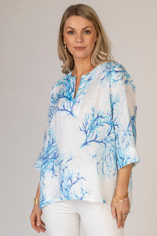 Blue Coral Print Linen Shirt | Sartoria Saracena