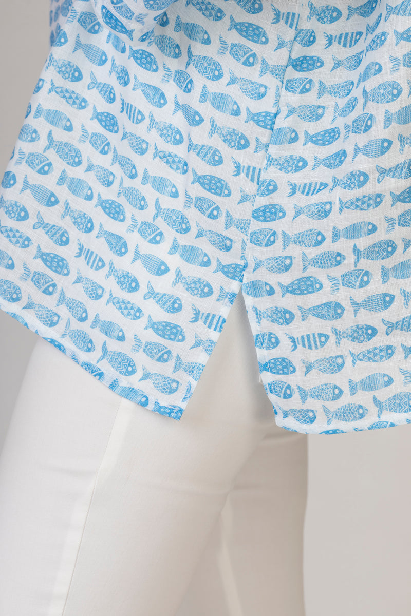 Blue Fish Print Linen Top | Sartoria Saracena
