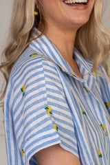 Embroidered Lemon and Blue Stripe Linen Shirt | Sartoria Saracena