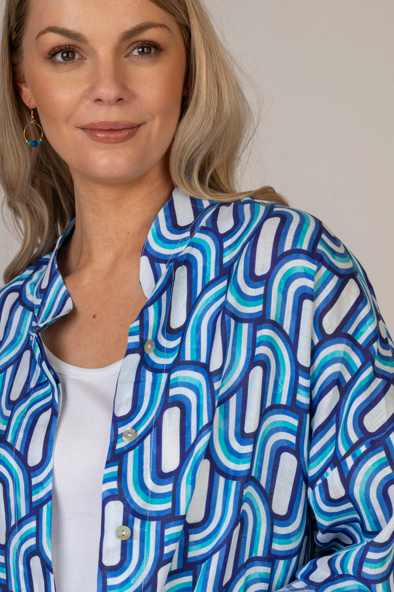 Blue Retro Geo Print Linen Shirt | Sartoria Saracena