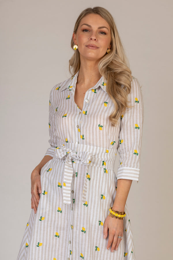 The Embroidered Lemon Stripe Mamma Midi Linen Dress | Sartoria Saracena