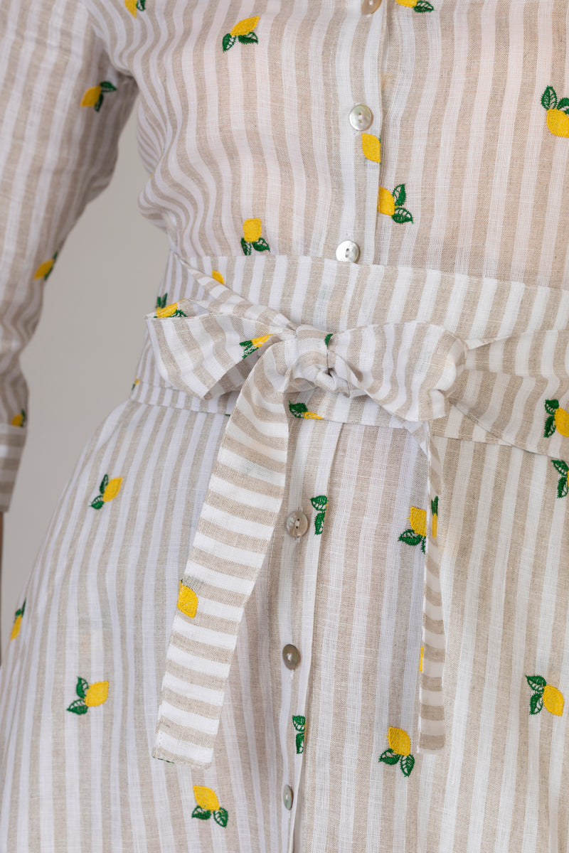 The Embroidered Lemon Stripe Mamma Midi Linen Dress | Sartoria Saracen Sarah Thomson The Embroidered Lemon Stripe Mamma Midi Linen Dress | Sartoria Saracen Sarah Thomson