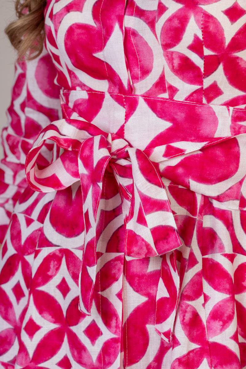 The Rombo Fuxia Print Mamma Mia Linen Dress | Sartoria Saracena