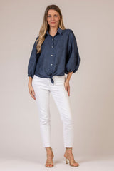 The Tie Front Ballon Navy Linen Shirt | Sartoria Saracena
