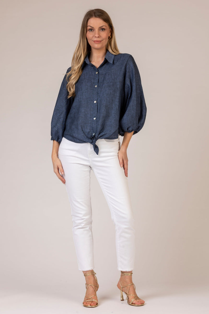 The Tie Front Ballon Navy Linen Shirt | Sartoria Saracena