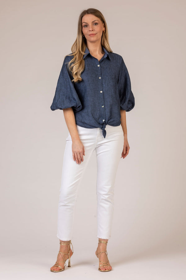 The Tie Front Ballon Navy Linen Shirt | Sartoria Saracena