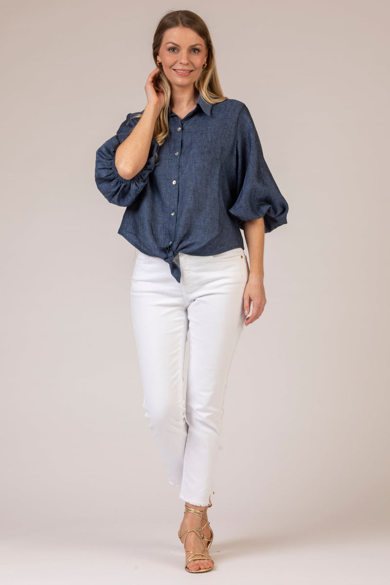 The Tie Front Ballon Navy Linen Shirt | Sartoria Saracena