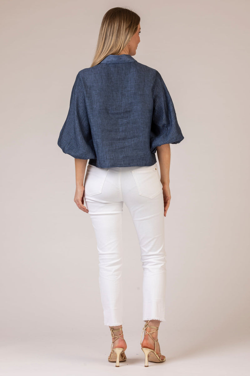 The Tie Front Ballon Navy Linen Shirt | Sartoria Saracena