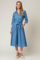 The Mamma Midi Linen Dress in Blue Broderie Anglaise | Sartoria Saracena