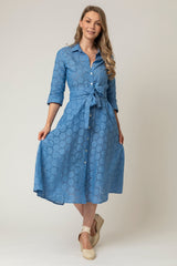 The Mamma Midi Linen Dress in Blue Broderie Anglaise | Sartoria Saracena