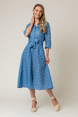 The Mamma Midi Linen Dress in Blue Broderie Anglaise | Sartoria Saracena