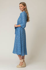 The Mamma Midi Linen Dress in Blue Broderie Anglaise | Sartoria Saracena