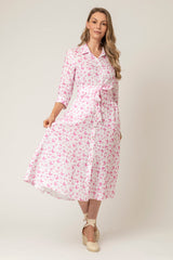 The Mamma Midi Linen Dress in Pink Butterflies | Sartoria Saracena