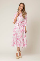 The Mamma Midi Linen Dress in Pink Butterflies | Sartoria Saracena