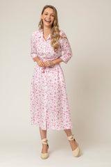The Mamma Midi Linen Dress in Pink Butterflies | Sartoria Saracena