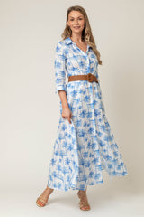 The Mamma Mia Linen Dress in Blue Palm | Sartoria Saracena