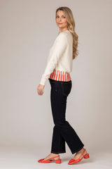 Cream Cashmere V-Neck Jumper with Coral Trim | Esthēme Cachemire