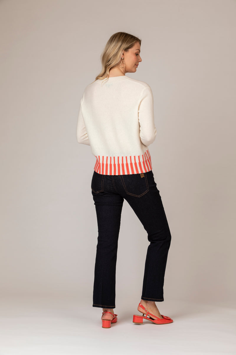 Cream Cashmere V-Neck Jumper with Coral Trim | Esthēme Cachemire