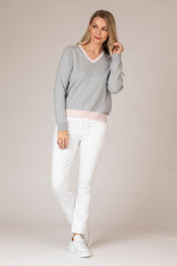 Grey Cashmere V-Neck Jumper with Pink Trim | Esthēme Cachemire