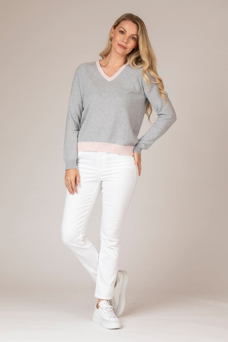 Grey Cashmere V-Neck Jumper with Pink Trim | Esthēme Cachemire