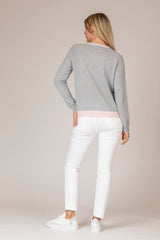 Grey Cashmere V-Neck Jumper with Pink Trim | Esthēme Cachemire