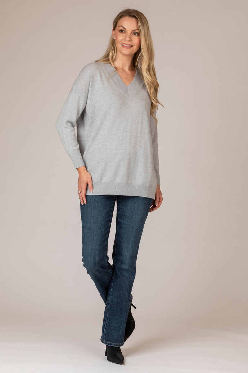 Grey V-Neck Sparkle Cashmere Jumper | Esthēme Cachemire