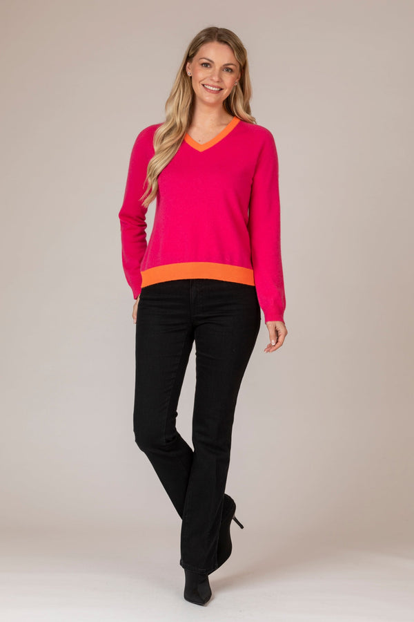 Pink Cashmere V-Neck Jumper with Orange Trim | Esthēme Cachemire