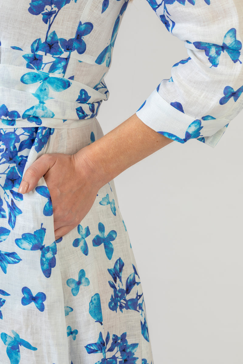 The Blue Butterfly Print Mamma Mia Linen Dress | Sartoria Saracena