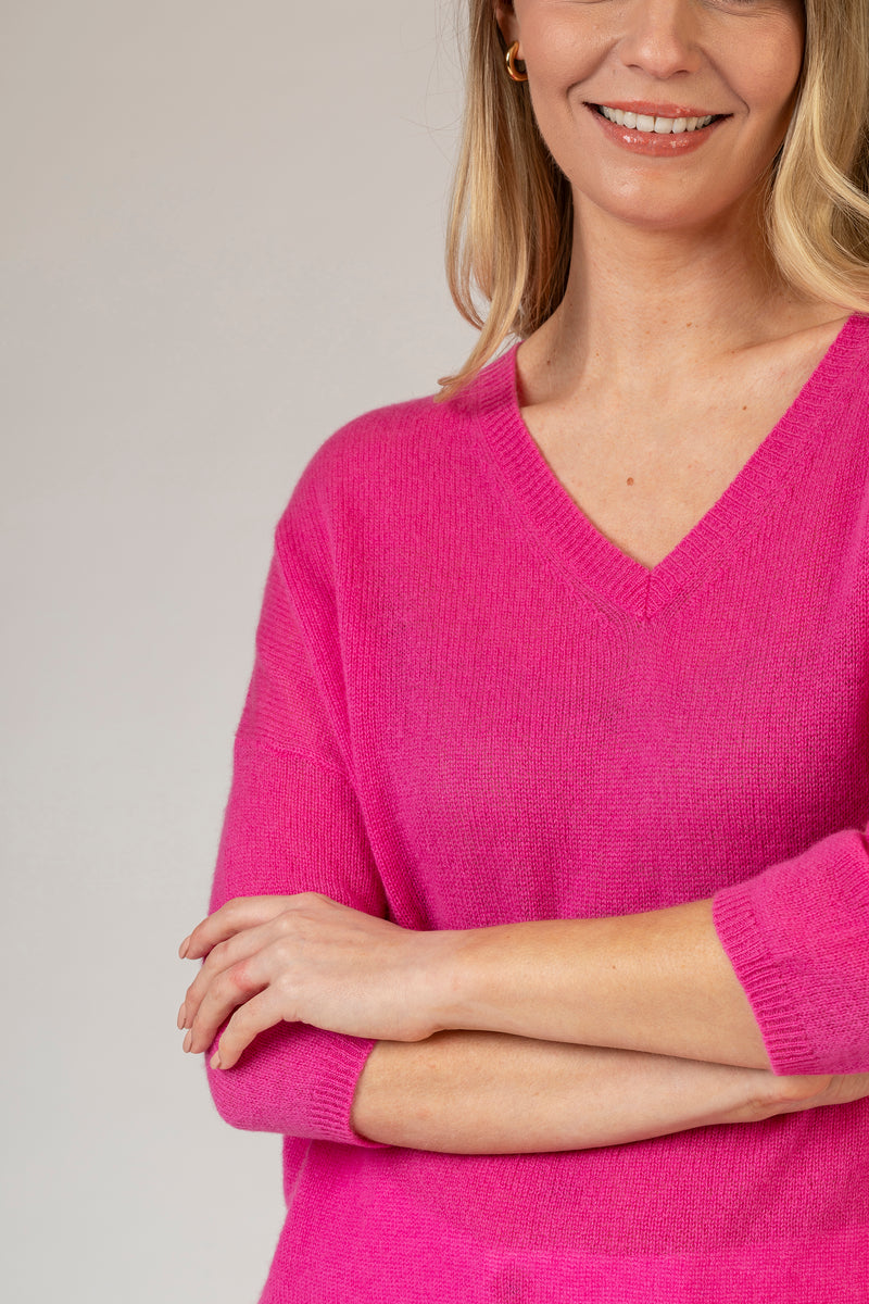 Relaxed Pink V-Neck Cashmere Jumper | Esthēme Cachemire