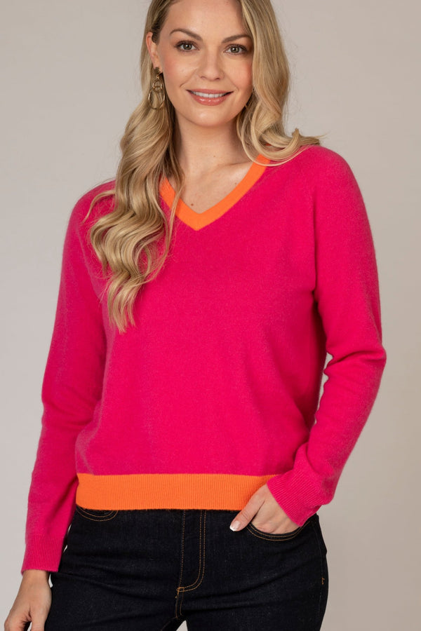 Pink Cashmere V-Neck Jumper with Orange Trim | Esthēme Cachemire