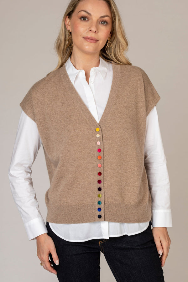 Tan Sleeveless Cashmere Cardigan with Velvet Buttons | Esthēme Cachemire