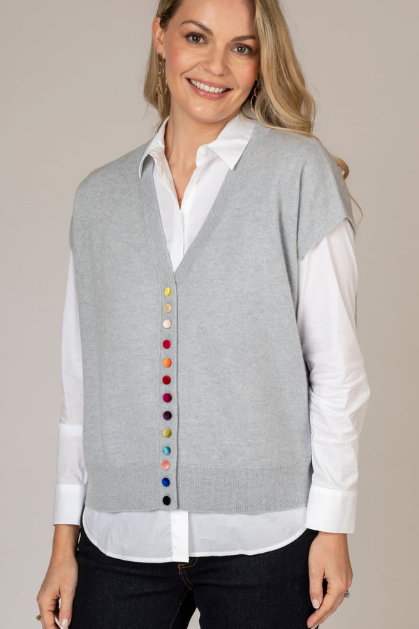 Grey Sleeveless Cashmere Cardigan with Velvet Buttons | Esthēme Cachemire