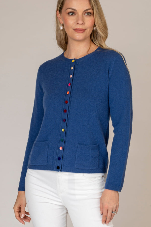 Blue Cashmere Cardigan with Velvet Buttons