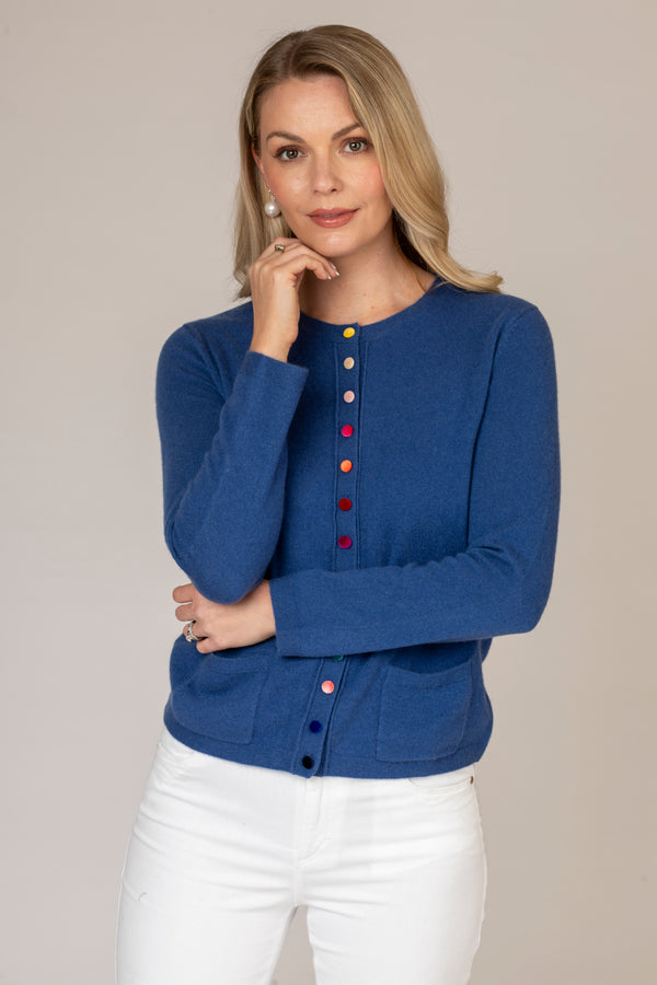 Blue Cashmere Cardigan with Velvet Buttons