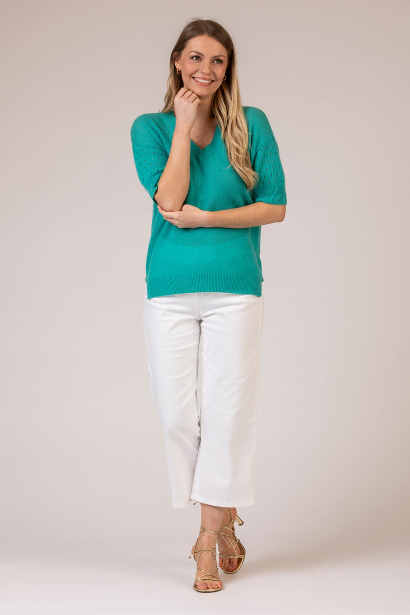 Pointelle Short Sleeve Cashmere Jumper in Pasteque | Esthēme Cachemire