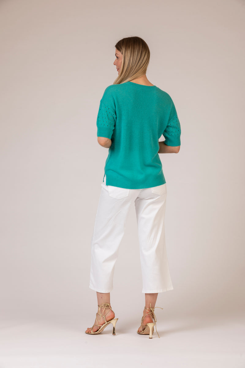 Pointelle Short Sleeve Cashmere Jumper in Pasteque | Esthēme Cachemire