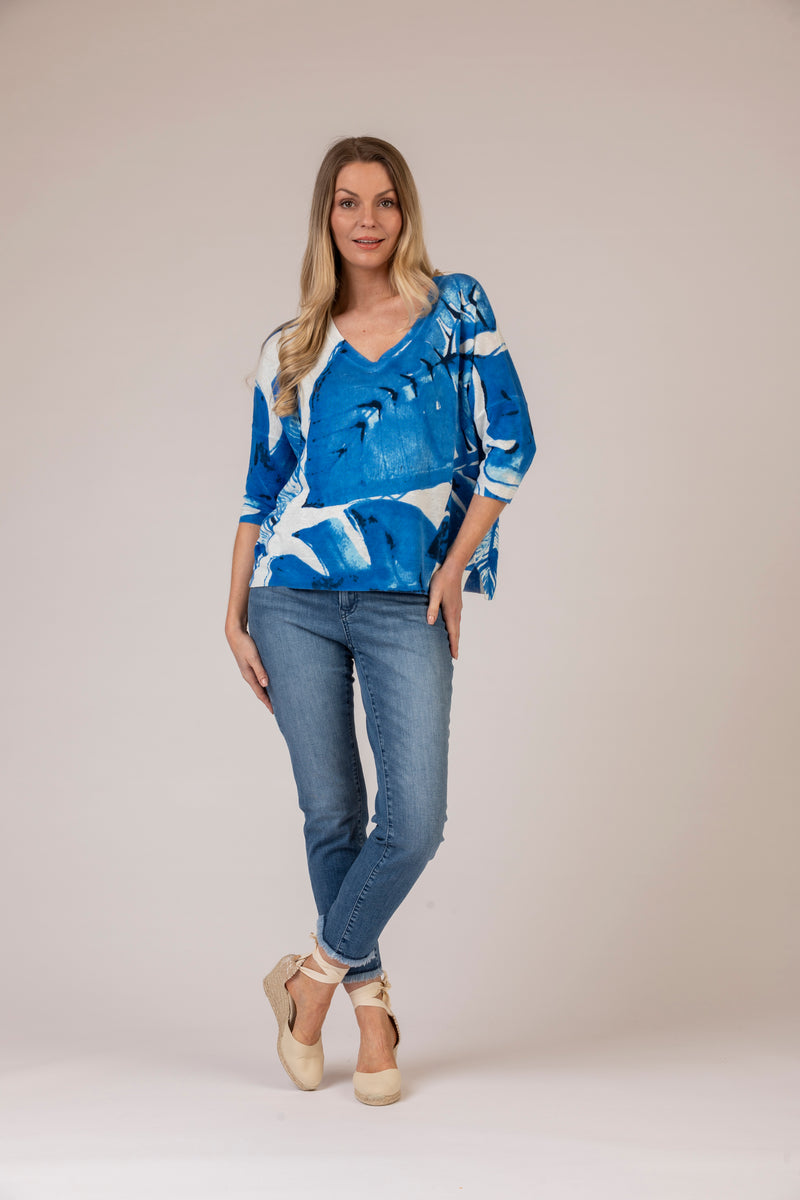 V-Neck Blue Leaf Jumper | Esthēme Cachemire