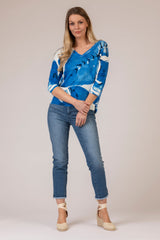 V-Neck Blue Leaf Jumper | Esthēme Cachemire