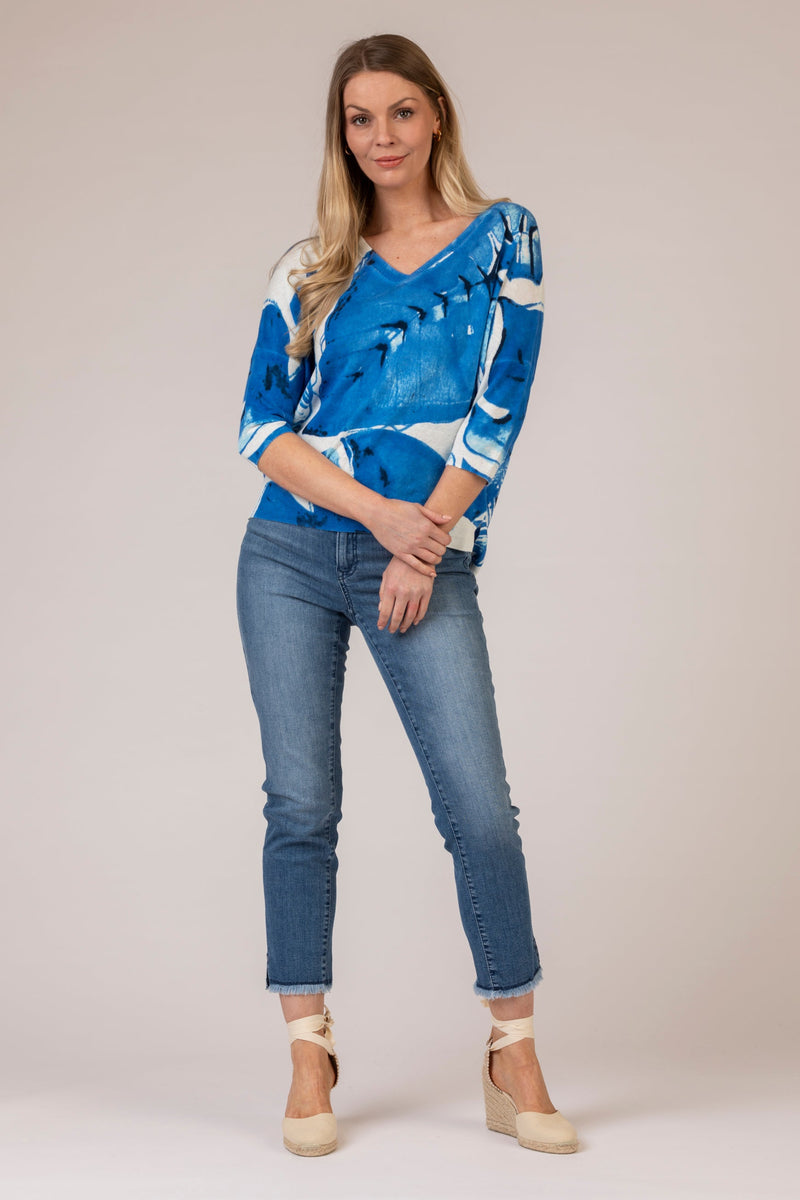 V-Neck Blue Leaf Jumper | Esthēme Cachemire