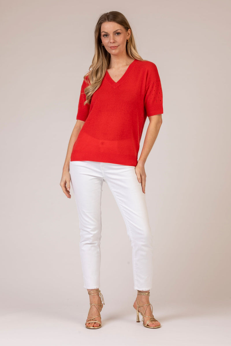 Pointelle Short Sleeve Cashmere Jumper in Red | Esthēme Cachemire