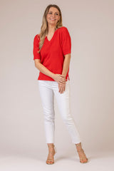 Pointelle Short Sleeve Cashmere Jumper in Red | Esthēme Cachemire