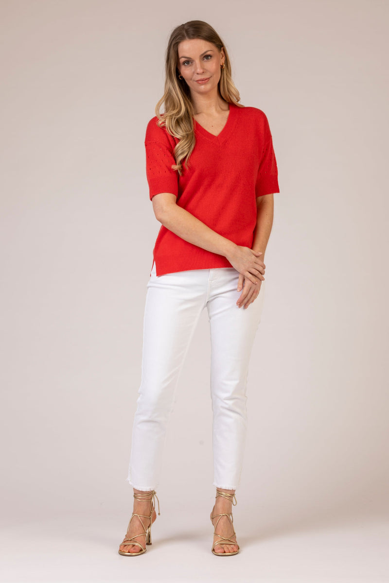 Pointelle Short Sleeve Cashmere Jumper in Red | Esthēme Cachemire